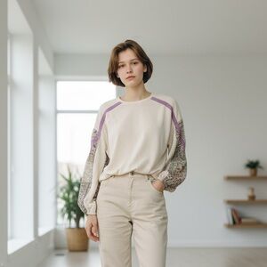 Easel Cream and Purple Patterned cotton blend Sweatshirt